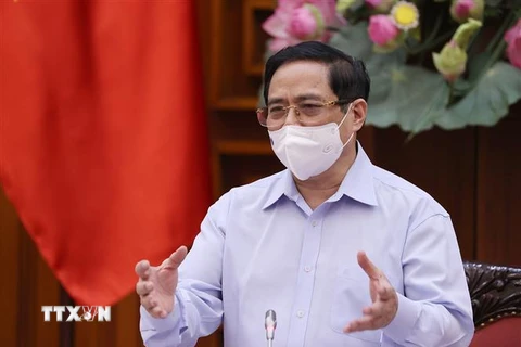 Thủ tướng Phạm Minh Chính phát biểu kết luận cuộc làm việc. (Ảnh: Dương Giang/TTXVN)
