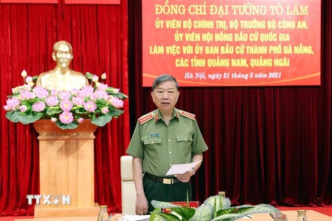 Đại tướng Tô Lâm, Bộ trưởng Bộ Công an, Ủy viên Hội đồng Bầu cử Quốc gia phát biểu. (Ảnh: Phạm Kiên/TTXVN)