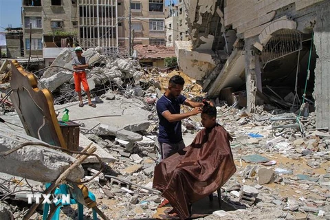 Người thợ cắt tóc Palestine cắt tóc miễn phí cho khách hàng bên căn nhà bị phá hủy sau cuộc không kích của Israel xuống thị trấn Beit Lahia, Dải Gaza. (Ảnh: THX/TTXVN)