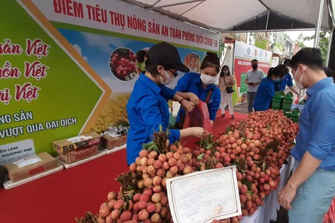 Điểm tiêu thụ nông sản tại số 489 đường Hoàng Quốc Việt, quận Cầu Giấy. (Ảnh: Bích Hồng/TTXVN)