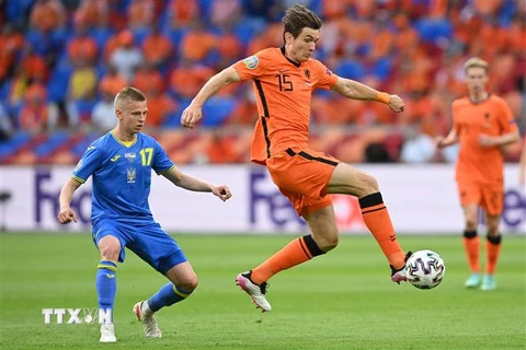 Tiền vệ Hà Lan Marten de Roon nỗ lực khống chế bóng trong trận đấu gặp Ukraine. (Ảnh: AFP/TTXVN)