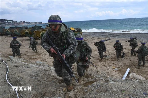Binh sỹ Hàn Quốc và Mỹ tham gia một cuộc tập trận chung ở Pohang, Hàn Quốc. (Ảnh: AFP/TTXVN)