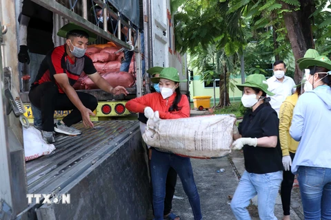 Lực lượng tình nguyện viên, cán bộ Mặt trận bốc xếp hàng hóa do chính quyền, nhân dân Quảng Trị tặng lên các xe vận tải nhỏ chuyển đến các khu tập trung, khu cách ly tại các quận, huyện của Thành phố. (Ảnh: Xuân Khu/TTXVN)