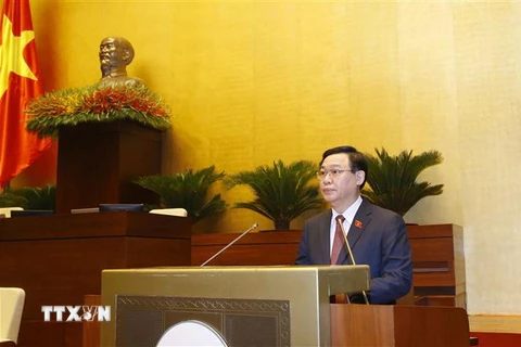 Chủ tịch Quốc hội khóa XIV Vương Đình Huệ đọc diễn văn khai mạc Kỳ họp thứ nhất, Quốc hội khóa XV. (Ảnh: Doãn Tấn/TTXVN)