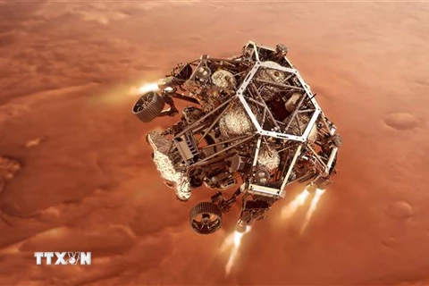 Hình ảnh mô phỏng tàu thăm dò Perseverance tiến gần tới bề mặt sao Hỏa. (Ảnh: THX/TTXVN)