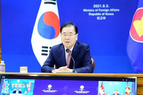 Ngoại trưởng Hàn Quốc Chung Eui-yong phát biểu tại Hội nghị Ngoại trưởng ASEAN-Hàn Quốc diễn ra theo hình thức trực tuyến ngày 3/8. (Ảnh: YONHAP)
