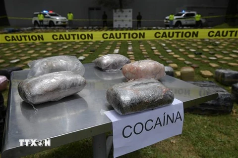 Cảnh sát trưng bày số ma túy thu giữ được tại Bogota, Colombia. (Ảnh: AFP/TTXVN)