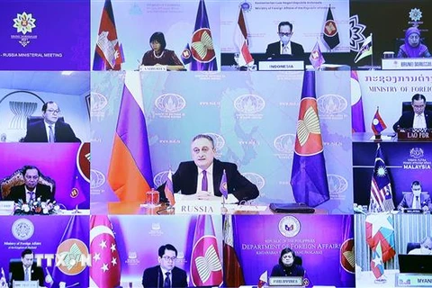 Hội nghị Bộ trưởng Ngoại giao ASEAN-Nga theo hình thức trực tuyến. (Ảnh: Phạm Kiên/TTXVN)
