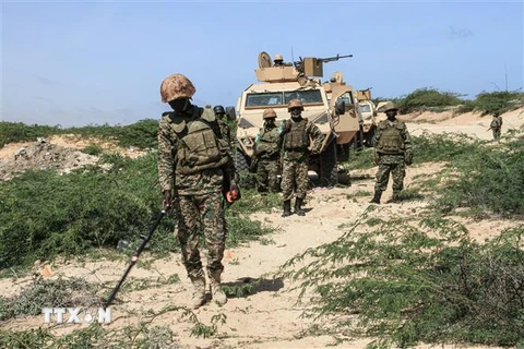 Binh sỹ thuộc phái bộ Liên minh châu Phi tại Somalia (AMISOM) tìm kiếm các thiết bị nổ sót lại tại Ceeljaale, miền nam Somalia. (Ảnh: AFP/TTXVN)