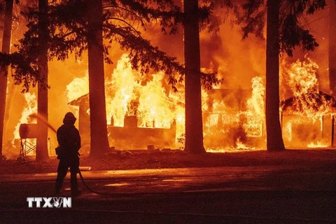Nhân viên cứu hỏa nỗ lực khống chế các đám cháy rừng Dixie tại California, Mỹ. (Ảnh: AFP/TTXVN)