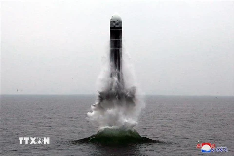 Tên lửa kiểu mới Pukguksong-3 được phóng thử nghiệm từ tàu ngầm ở ngoài khơi Vịnh Wonsan ra Biển Nhật Bản. (Ảnh: AFP/TTXVN)