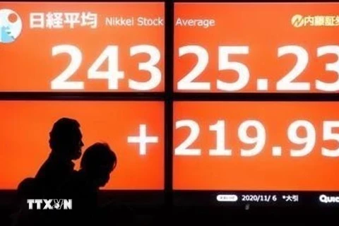 Bảng điện tử thông báo chỉ số chứng khoán Nikkei tại Tokyo, Nhật Bản. (Ảnh: Kyodo/TTXVN)