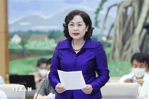 Thống đốc Ngân hàng Nhà nước Việt Nam Nguyễn Thị Hồng trình bày báo cáo. (Ảnh: Doãn Tấn/TTXVN)