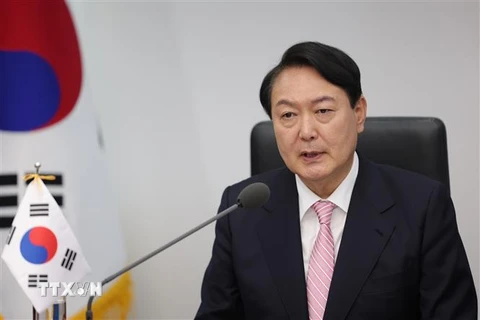Tổng thống Hàn Quốc Yoon Suk-yeol phát biểu tại một cuộc họp ở Seoul. (Ảnh: Yonhap/TTXVN)