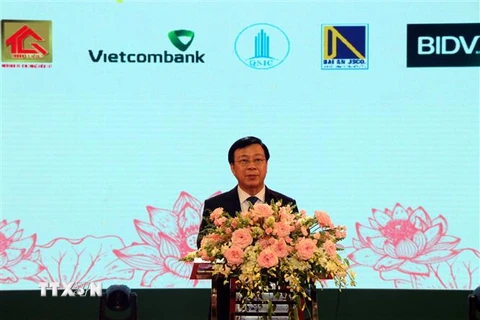 Bí thư Tỉnh ủy Hải Dương Phạm Xuân Thăng phát biểu tại Hội nghị gặp gỡ doanh nghiệp Việt Nam tại Nhật Bản. (Ảnh: Mạnh Tú/TTXVN)