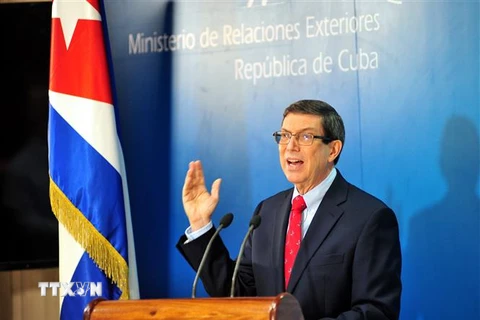 Bộ trưởng Ngoại giao Bruno Rodríguez phát biểu tại một cuộc họp báo. (Ảnh: Lê Hà/TTXVN)