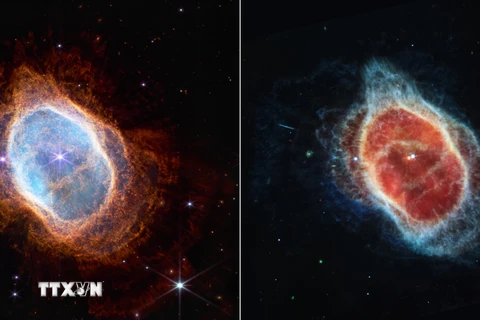 Hình ảnh do Cơ quan hàng không vũ trụ Mỹ (NASA) công bố và được chụp bởi kính viễn vọng không gian James Webb cho thấy Tinh vân Chiếc nhẫn phương Nam (Southern Ring Nebula) trong ánh sáng hồng ngoại cận (trái) và ánh sáng hồng ngoại trung (phải). (Ảnh: TH