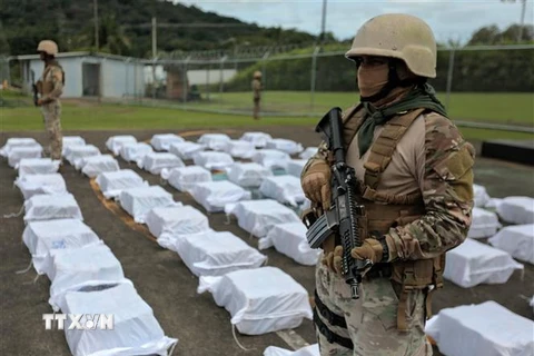 Cảnh sát Panama trưng bày số ma túy thu giữ trong chiến dịch chống buôn lậu ma túy tại Panama City. (Ảnh: AFP/TTXVN)