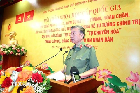 Đại tướng Tô Lâm phát biểu tại Hội thảo. (Ảnh: Phạm Kiên/TTXVN)