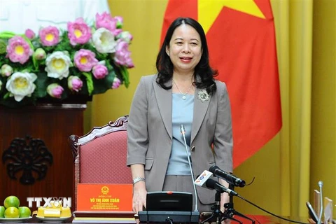 Phó Chủ tịch nước Võ Thị Ánh Xuân phát biểu tại cuộc họp. (Ảnh: Minh Đức/TTXVN)