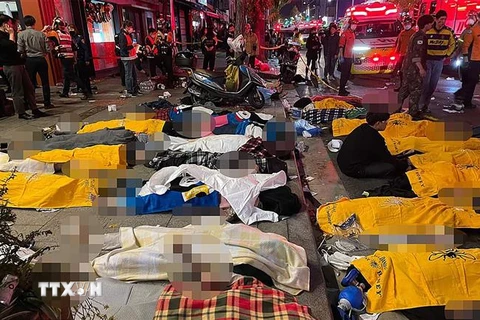 Thi thể nạn nhân thiệt mạng trong vụ giẫm đạp tại Seoul, Hàn Quốc. (Ảnh: AFP/TTXVN)
