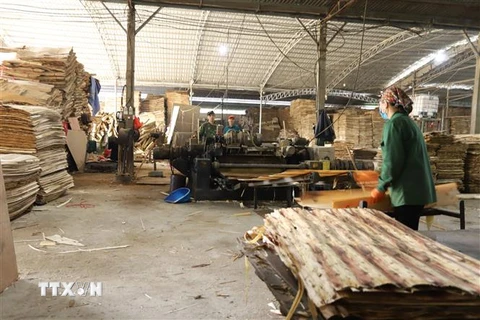Xưởng chế biến gỗ bóc của Công ty Cổ phần Yên Thành (thị trấn Yên Bình, huyện Yên Bình). (Ảnh: Tiến Khánh/TTXVN)