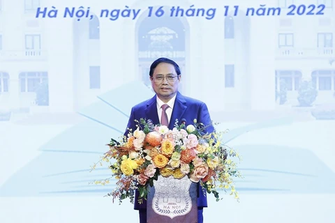 Thủ tướng Phạm Minh Chính phát biểu tại lễ kỷ niệm. (Ảnh: Dương Giang/TTXVN)