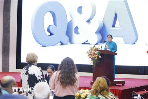 Chủ tịch Liên hiệp các tổ chức hữu nghị Việt Nam Nguyễn Phương Nga chia sẻ thông tin về quá trình phát triển của Việt Nam hiện nay. (Ảnh: An Đăng/TTXVN)