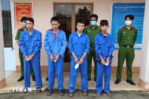 Các đối tượng bị tạm giữ hình sự tại Công an huyện Tân Biên. (Ảnh: Thanh Tân/TTXVN)