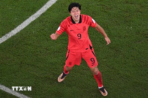Niềm vui của tiền đạo Hàn Quốc Cho Gue-sung sau khi ghi bàn thắng vào lưới Ghana. (Ảnh: AFP/TTXVN)