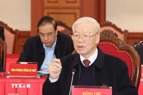 Tổng Bí thư Nguyễn Phú Trọng phát biểu chỉ đạo buổi làm việc. (Ảnh: Phương Hoa/TTXVN)
