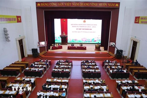 Quang cảnh kỳ họp thứ 12 HĐND tỉnh Lai Châu khóa XV, nhiệm kỳ 2021-2026. (Ảnh: Quý Trung/TTXVN)