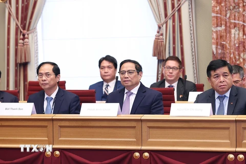 Thủ tướng Phạm Minh Chính phát biểu tại buổi hội kiến. (Ảnh: Dương Giang/TTXVN)