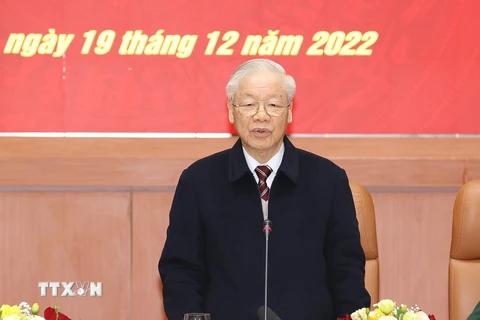 Tổng Bí thư Nguyễn Phú Trọng, Bí thư Quân ủy Trung ương, phát biểu kết luận hội nghị. (Ảnh: Trí Dũng/TTXVN)