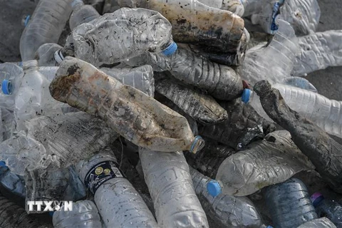 Rác thải nhựa được thu gom trên biển. (Ảnh: AFP/TTXVN)