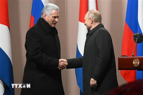 Tổng thống Nga Vladimir Putin (phải) và Chủ tịch Cuba Miguel Diaz-Canel tại cuộc gặp ở Moskva ngày 22/11/2022. (Ảnh: AFP/TTXVN)
