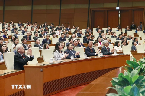 Tổng Bí thư Nguyễn Phú Trọng và các lãnh đạo Đảng, Nhà nước, đại biểu Quốc hội dự kỳ họp. (Ảnh: TTXVN)