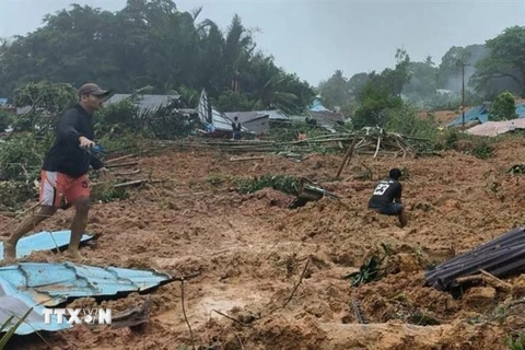 Hiện trường vụ lở đất tại Natuna, tỉnh Riau, Indonesia. (Ảnh: AFP/TTXVN)