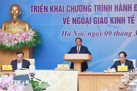Thủ tướng Phạm Minh Chính phát biểu khai mạc Hội nghị triển khai Chương trình hành động của Chính phủ về ngoại giao kinh tế. (Ảnh: Dương Giang/TTXVN)