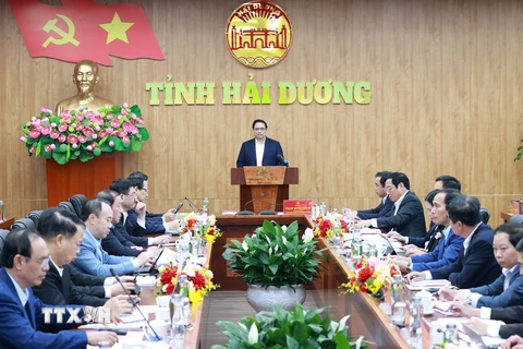 Thủ tướng Phạm Minh Chính phát biểu tại buổi làm việc với lãnh đạo chủ chốt tỉnh Hải Dương. (Ảnh: Dương Giang/TTXVN)
