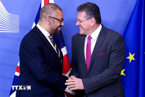 Ngoại trưởng Anh James Cleverly (trái) trong cuộc gặp Ủy viên châu Âu phụ trách vấn đề Brexit Maros Sefcovic tại Brussels, Bỉ ngày 17/2. (Ảnh: AFP/TTXVN)