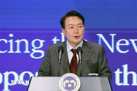 Tổng thống Hàn Quốc Yoon Suk-yeol phát biểu tại một sự kiện ở Seoul. (Ảnh: Yonhap/TTXVN)