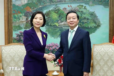 Phó Thủ tướng Trần Hồng Hà tiếp bà Oh Young-ju, Đại sứ Hàn Quốc tại Việt Nam. (Ảnh: Phạm Kiên/TTXVN)