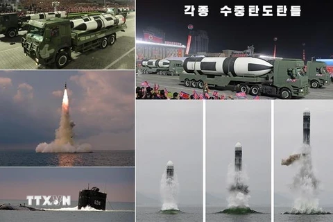 Hình ảnh do tạp chí tháng Korea Today của Triều Tiên đăng phát ngày 21/3 về các loại vũ khí đạn đạo của Triều Tiên, trong đó có cả tên lửa đạn đạo được phóng từ tàu ngầm. (Ảnh: Yonhap/TTXVN)