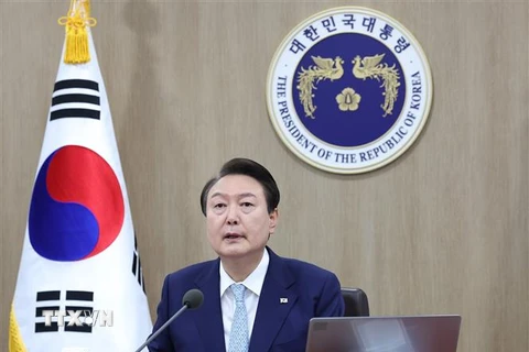 Tổng thống Hàn Quốc Yoon Suk-yeol phát biểu tại cuộc họp nội các ở Seoul. (Ảnh: YONHAP/TTXVN)