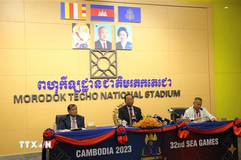 Quang cảnh buổi họp báo cung cấp thông tin về SEA Games 32. (Ảnh: Hoàng Minh/TTXVN)