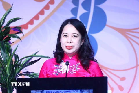 Phó Chủ tịch nước Võ Thị Ánh Xuân phát biểu tại phiên khai mạc Hội nghị Thượng đỉnh Phụ nữ Toàn cầu 2023. (Ảnh: Lâm Khánh/TTXVN)