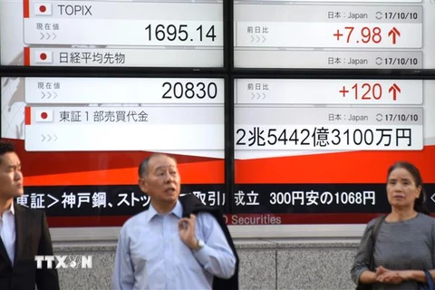 Bảng chỉ số chứng khoán tại Tokyo, Nhật Bản. (Ảnh: AFP/TTXVN)