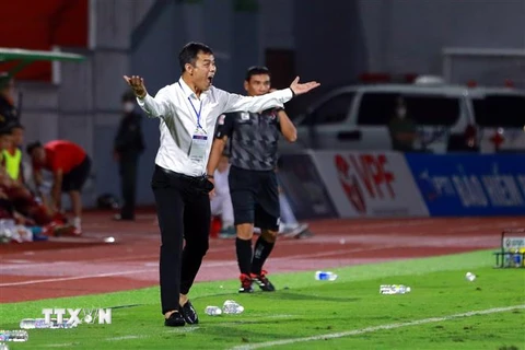 Mùa giải 2023, thầy trò Huấn luyện viên Nguyễn Huy Hoàng đã trải qua chuỗi 10 trận chỉ giành 1 chiến thắng, 6 trận hòa và thua tới 3 trận, tạm xếp thứ 11 trên bảng xếp hạng V-league 2023. (Ảnh: TTXVN phát)