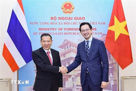 Thứ trưởng Bộ Ngoại giao Đỗ Hùng Việt và Thứ trưởng Thường trực Bộ Ngoại giao Thái Lan Sarun Charoensuwan. (Ảnh: TTXVN)